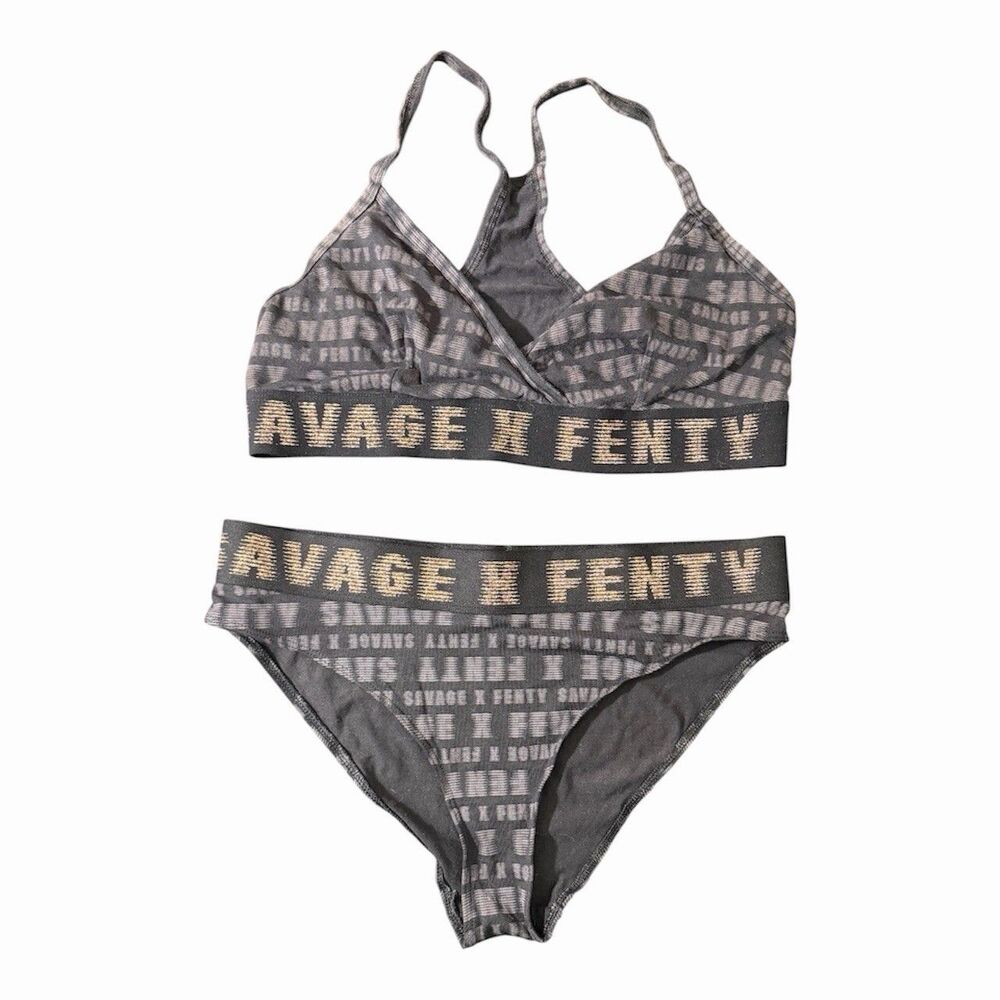 Savage x Fenty Black Logo Print Forever Savage Bralette (XL) Panty (Large) Set